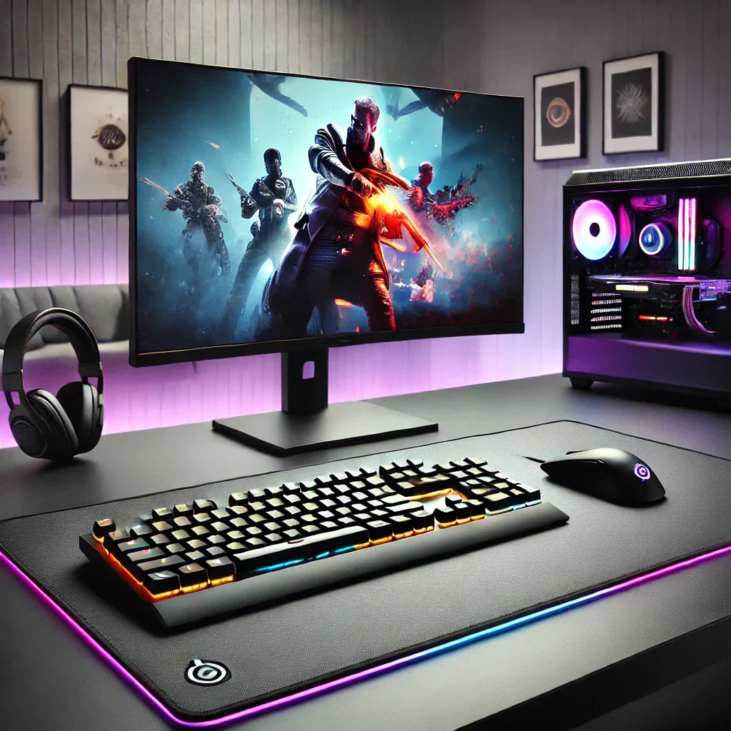 High-quality gaming desk pad with a non-slip base” or “Gaming desk pad in a sleek, minimalist setup.